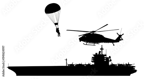 Military Helicopter and Parachutist Over Aircraft Carrier Silhouette