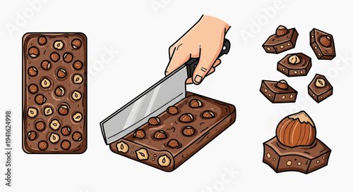 A hand cuts a chocolate bar into pieces on a surface with a knife.