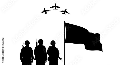 Military Honor Guard with Jets Flying Overhead and Waving Flag