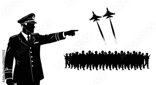 Military Leader Directs Air Show with Fighter Jets and Soldiers