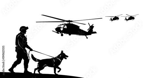 Military K9 Unit and Helicopters Silhouette
