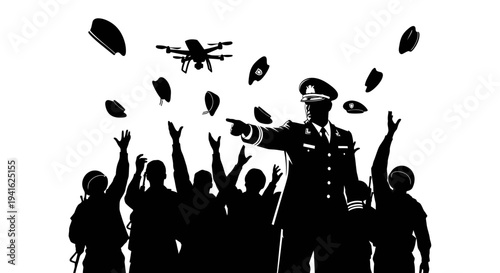 Military Leader Directs Drone Over Crowd, Symbolizing Surveillance and Control