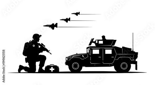 Military Medic and Humvee with Fighter Jets in Silhouette