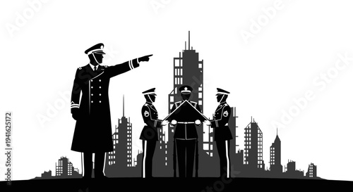 Military Leaders Directing City Development, Silhouette of Officers and Skyline