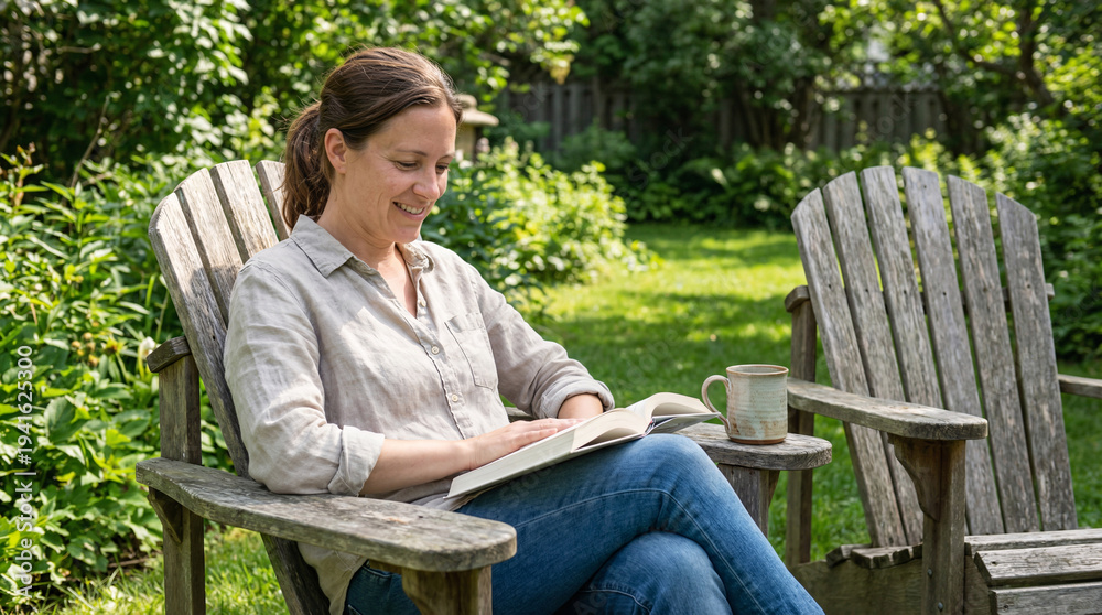 Fototapeta premium Woman reading book in backyard 