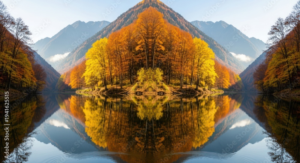 Obraz premium Symmetrical Autumn Mountain Landscape.