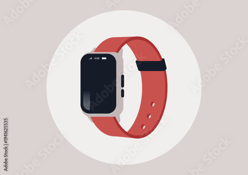 This smart watch with a bright red band showcases modern technology and style, perfect for tracking fitness and staying connected throughout busy days.