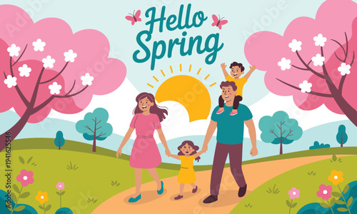 Happy family enjoying springtime stroll in blooming park