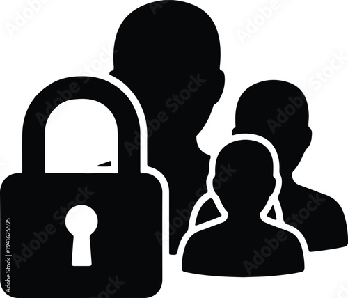 Vector group of people protected by a secure padlock silhouette design