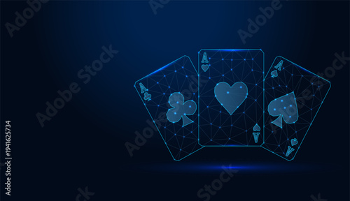 Low poly wireframe playing cards with aces on dark blue background.