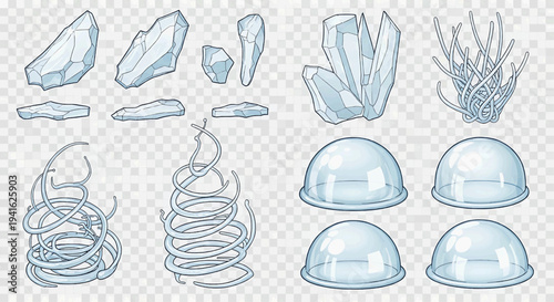 Illustration of various crystal and dome shapes in a futuristic setting, viewed from above, showcasing diverse geometric forms and reflective surfaces.