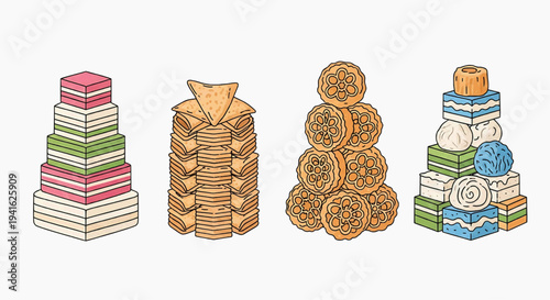 Artistic vector illustration of diverse stacked traditional pastries and festive sweets, including decorative mooncakes and layered cakes, perfect for cultural celebrations and holiday themes