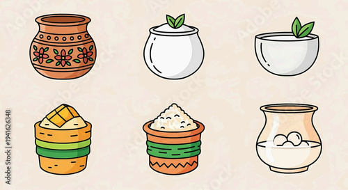 Traditional Indian food and drink items are arranged on a table indoors