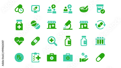 Modern healthcare icons including medical app, syringe, heart monitor, pills, and pharmacy