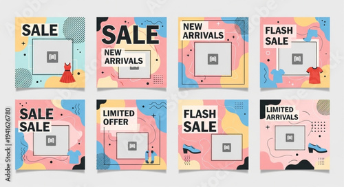 Set of colorful sale and new arrivals social media post templates.