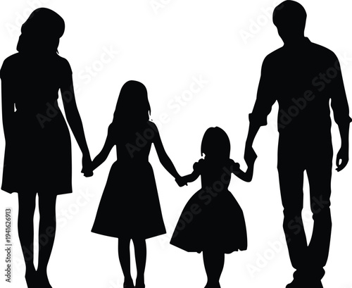 Black silhouette vector illustration of a happy loving family with father mother and two daughters holding hands on white background.