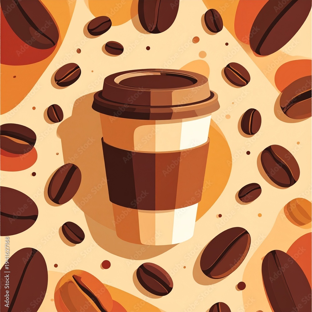 Obraz premium Coffee cup surrounded by coffee beans on a beige background.