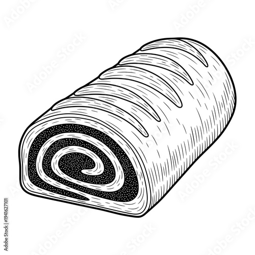 Poppy seed roll dessert with swirled filling, isolated, transparent background