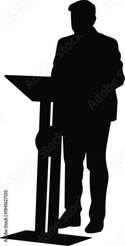 Black silhouette vector illustration of a professional businessman giving a formal public speech behind a podium on a white background.
