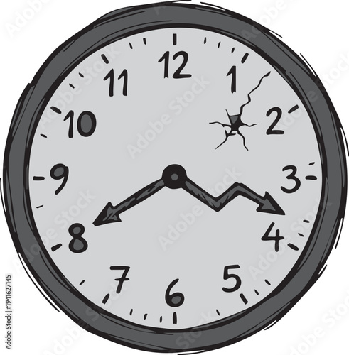 Broken Wall Clock Illustration with Zigzag Graph Arrow Hand and Cracked Glass, Hand Drawn Sketchy Style Vector Representing Economic Crisis, Time Management Failure and Stress