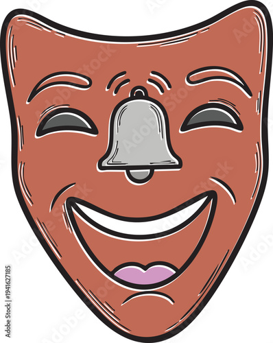 Creative Comedy Theater Mask Illustration with a Bell Nose, Hand Drawn Brown Dramatic Smile Face Icon for Entertainment, Carnival, Performance, and Acting Arts Design