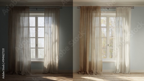 Sunlit window interior with sheer curtains and wooden floor concept for interior design background and poster