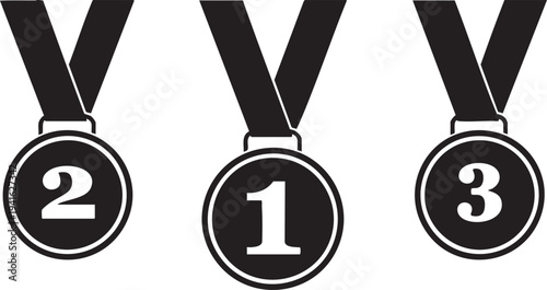 Set of three award medals with numbers 1 2 and 3 representing first second and third place isolated on white background