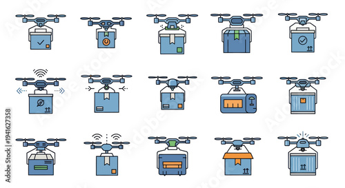 Vector icon set of autonomous delivery drones carrying parcels boxes and cargo.