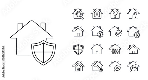 Collection of House Icons with Various Symbols in Outline Style.