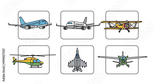 Diverse Collection of Aircraft Illustrations in Square Frames.