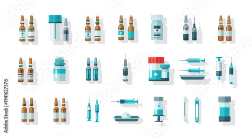 Assortment of Medical Vials Syringes and Pharmaceutical Containers.