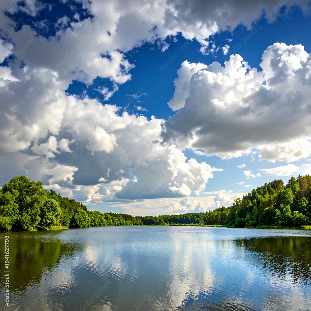 Fototapeta premium Calm lake reflecting bright blue sky with fluffy white clouds, green trees line the shore