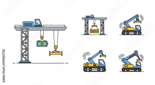 Illustrated Construction Cranes Lifting and Moving Cargo Containers.