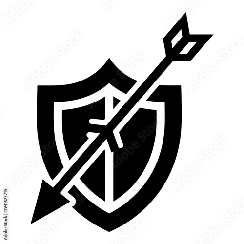 Shield and arrow icon representing protection and vulnerability in a minimalist black and white vector style