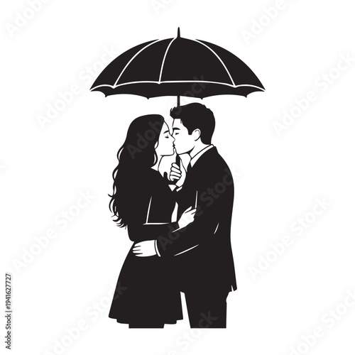 Vector illustration of romantic couple kissing under umbrella