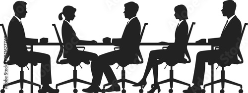 Black silhouette vector illustration of five corporate business people sitting at a long conference table during an office board meeting.