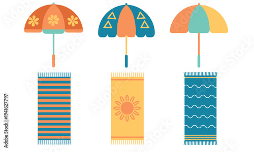 Vibrant beach towels and umbrellas for summer fun and relaxation