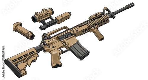 Exploded view diagram of a tan modular assault rifle with accessories