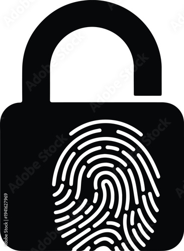 Vector unlocked security padlock with biometric fingerprint scan icon silhouette design