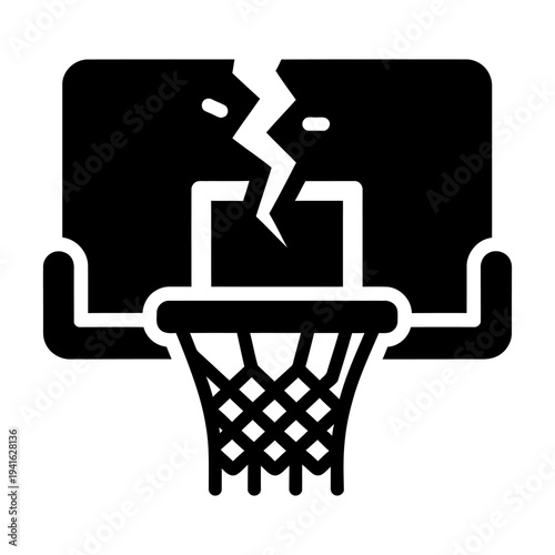 Broken basketball backboard icon with a crack, black silhouette vector illustration of a shattered hoop