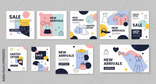Collection of Abstract Fashion Sale and New Arrivals Social Media Post Templates.