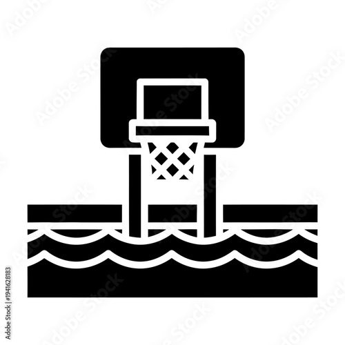 Pool basketball hoop icon over water waves for summer recreation, black and white flat vector illustration