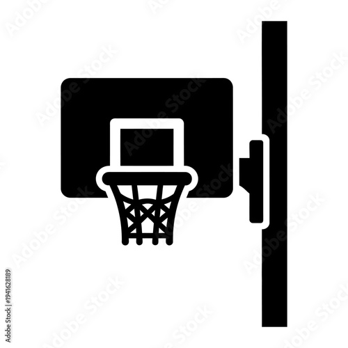 Basketball hoop icon with backboard and net mounted on a pole, minimalist black silhouette for sports design