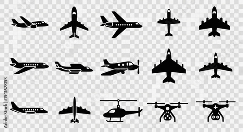 Collection of Black Airplane and Helicopter Silhouette Illustrations.