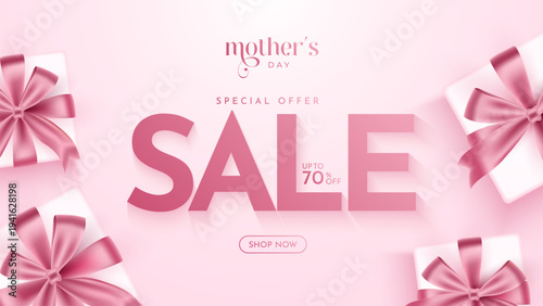 Happy Mothers Day Sale banner, poster, card, holiday cover, flyer design in 3d realistic style with Gift boxes. Mothers Day Sale Banner Design.