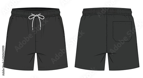 Black athletic shorts presented from front and back views fashion template