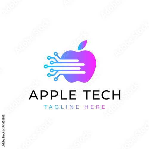 Gradient apple logo with circuit lines symbolizing modern technology and digital innovation.