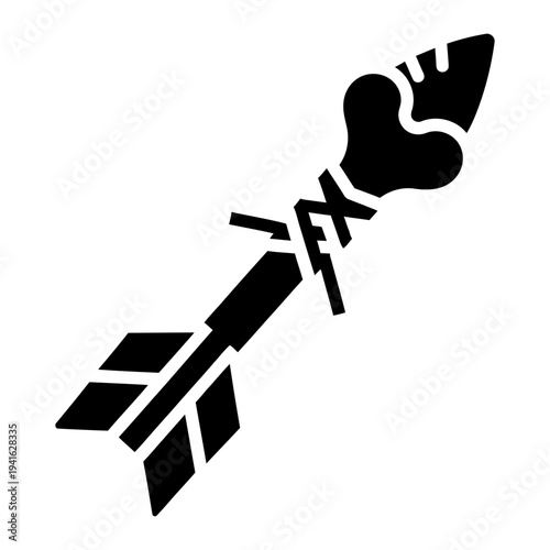 Tribal arrow silhouette pointing diagonally, primitive hunting tool icon in black flat vector design