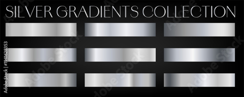 Silver gradients collection. Luxury set of gray gradient swatches. Metallic textures with polished foil shine and satin smooth. Premium design palette