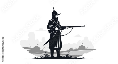 Historical Soldier with Rifle and Sword, Silhouette, Ancient Warfare